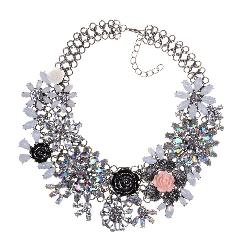 BK Woman Flower Necklace Multi-color Acrylic Crystal Resin Plant Style Collar Chunky Choker Jewelry Bib Chain