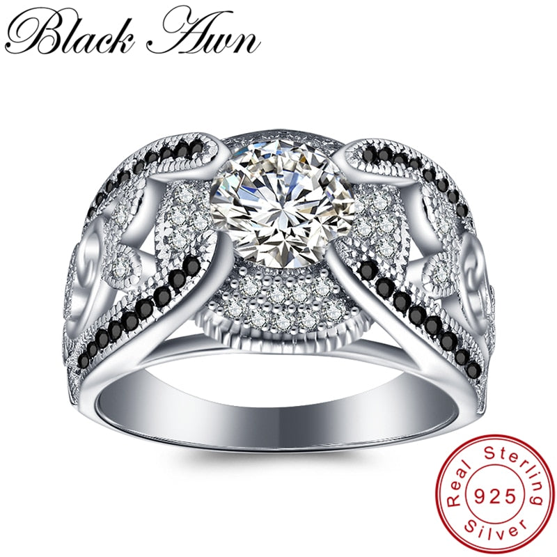 [BLACK AWN] 5.4Gram Genuine 925 Sterling Silver Jewelry Rings for Women Black&White Stone Femme Bague C321