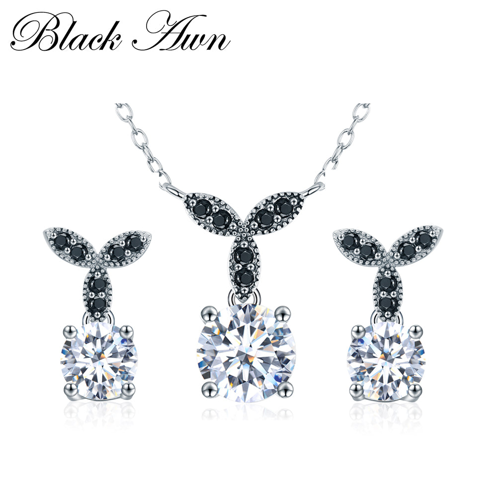 [BLACK AWN] 925 Sterling Silver Fine Jewelry Sets Trendy Engagement Wedding Necklace+Earring for Women PT035