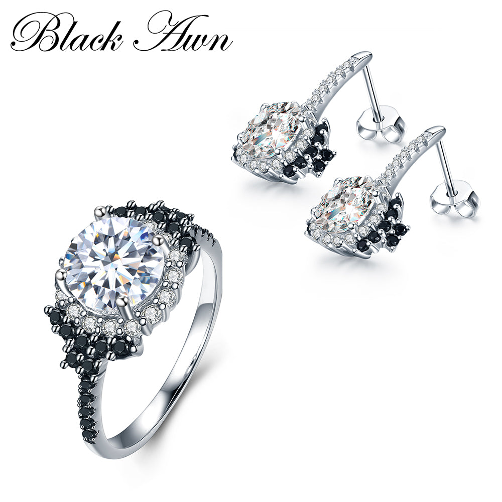 [BLACK AWN] 925 Sterling Silver Fine Jewelry Sets Trendy Engagement Wedding Ring+Earring for Women TR021
