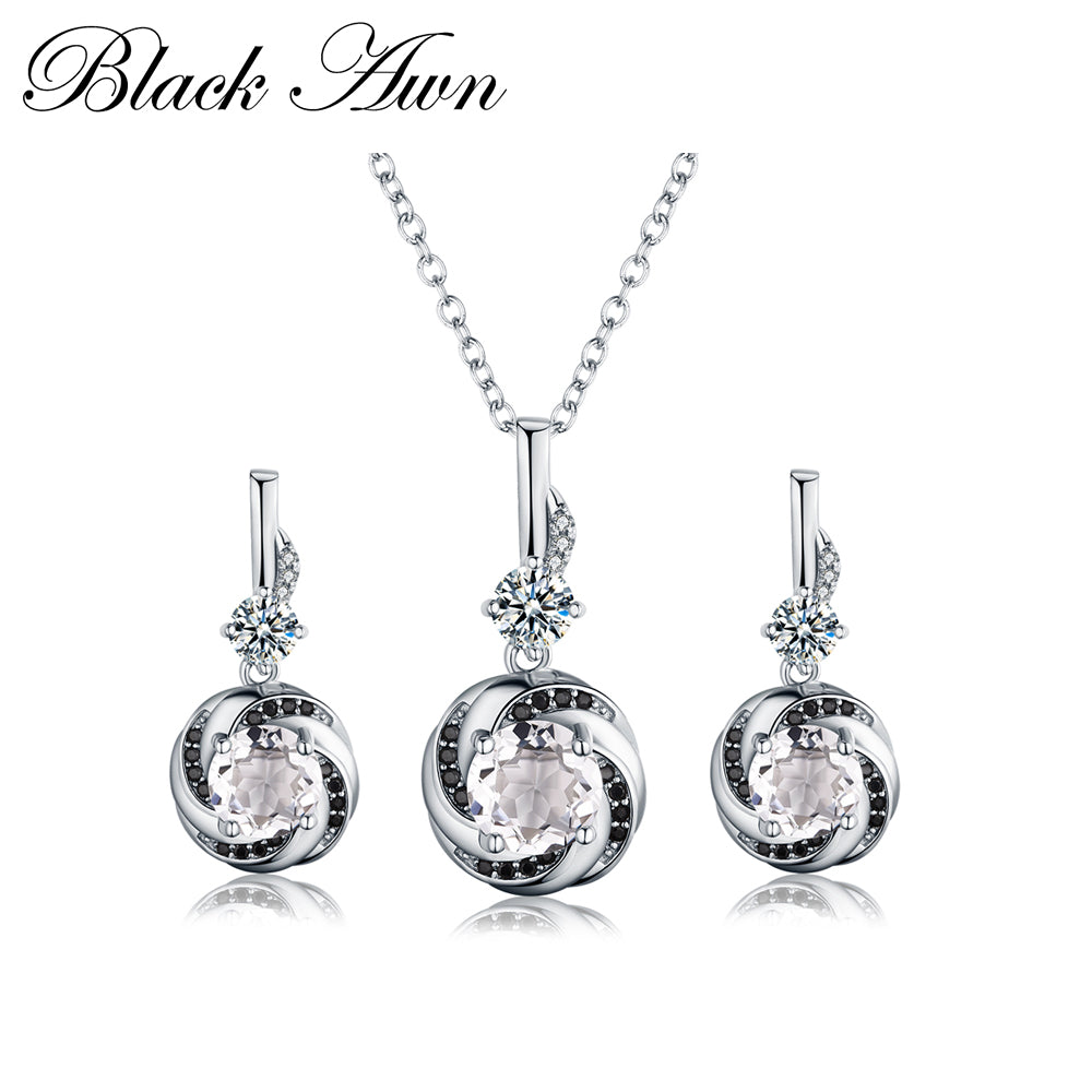 [BLACK AWN] 925 Sterling Silver Jewelry Sets Trendy Topaz Engagement Wedding Flower Necklaces & Stud Earrings for Women PT159