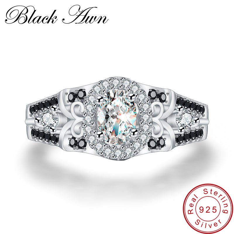 [BLACK AWN] 925 Sterling Silver Row Black Stone Engagement Rings for Women Fine Jewelry Bague C315