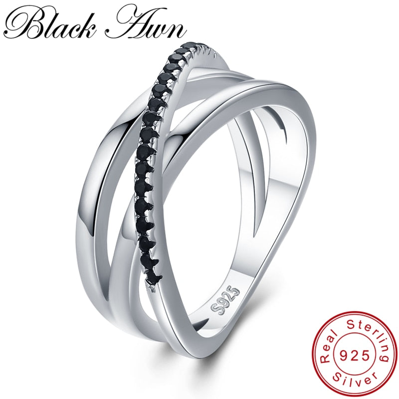 [BLACK AWN] Vintage 3.9g 925 Sterling Silver Fine Jewelry Bague Row Black Spinel Wedding Rings for Women G006