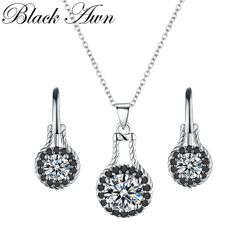 [BLACK AWN] Vintage 925 Sterling Silver Jewelry Sets Black Spinel Wedding Women's Necklace Pendant Earrings Set Z007