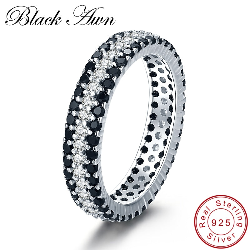 [BLACK AWN] Vintage Real 100% 925 Sterling Silver Ring Black Spinel Round Rings Sterling Silver Jewelry C443