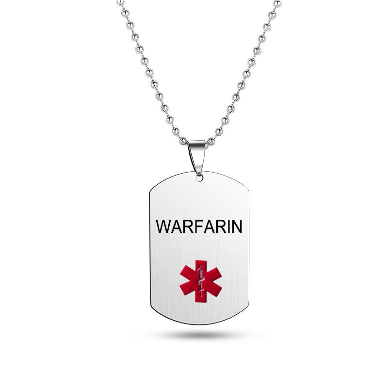 BLOOD THINNER Dog Tag Pendant Medical Alert ID Necklace for Men Woman Stainless Steel SOS Jewelry