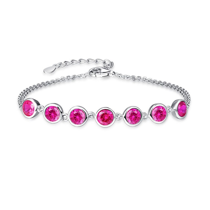 7pcs Created Red Ruby Real 925 Sterling Silver Charm Bracelets for Women Fashion Round Bracelet Wedding Party Jewelry