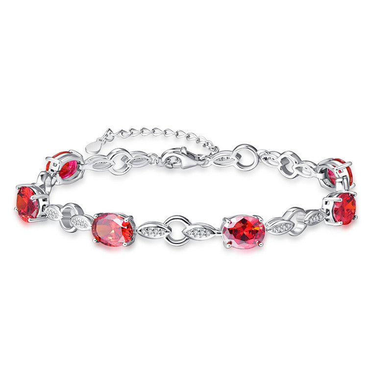 925 Sterling Chain-Link Bracelet With Garnet Women Party Wedding Jewelry Length 21.5CM Free Gift Box