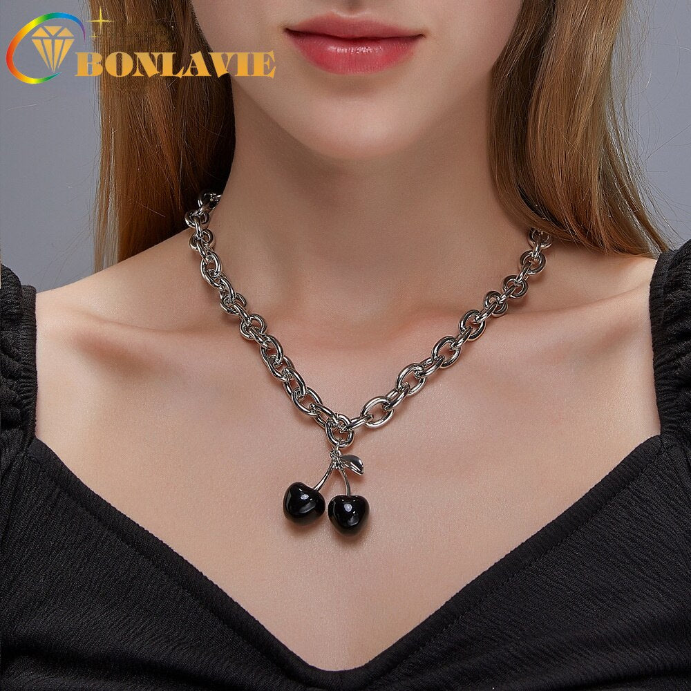 BONLAVIE Black Cherry Necklace Thick Chain Neck Chain Summer Simple Fruit Choker Clavicle Chain