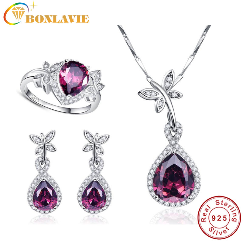 Butterfly Spessartine Garnet Wedding Bridal Earrings & Necklaces & Rings Water Drop Jewelry Sets Sterling Silver 925
