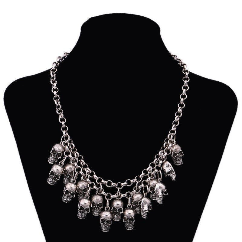 BONLAVIE Exaggerated Hip-hop Decoration Metal Retro Skull Double-layer Short Chain Chokers Necklaces