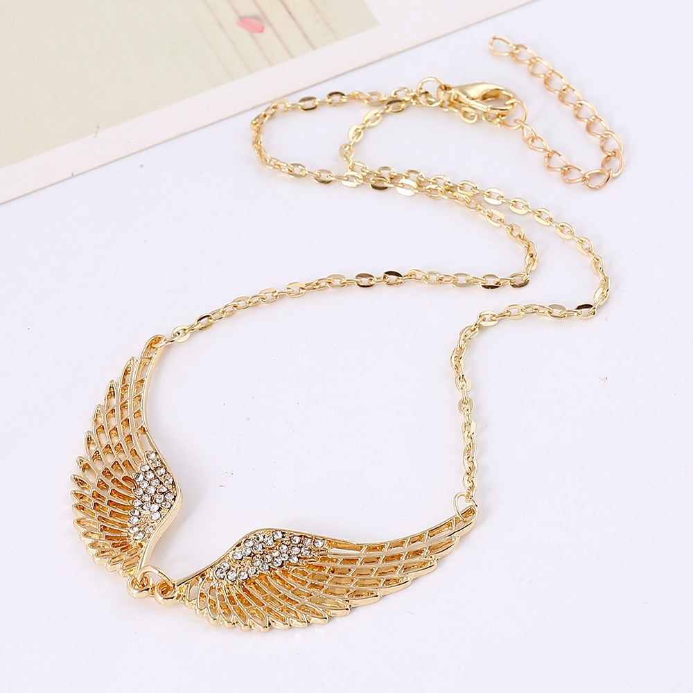 New Fine Angel Wing Choker Gold Color/Silver Plated Pendant Shiny Crystal Statement Chain Necklace Hollow Jewelry Party