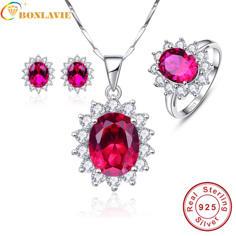Princess Diana Sun Flower Decoration Ruby Wedding Bridal Earrings& Necklaces& Rings Jewelry Sets Sterling Silver 925