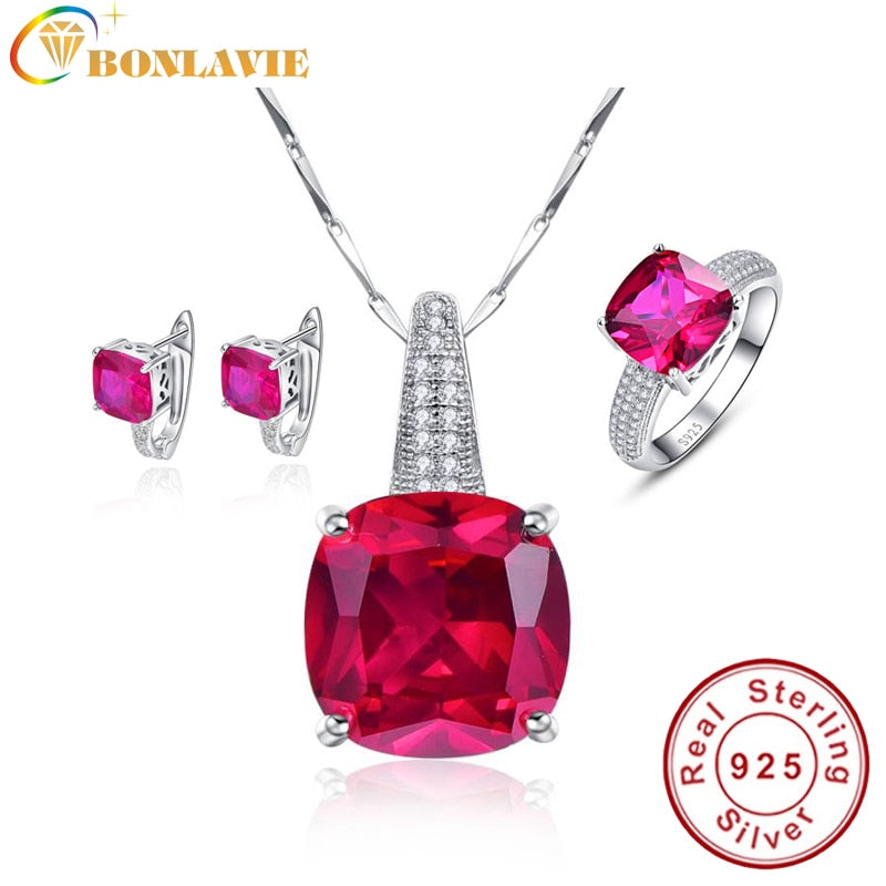 Rose Red Ruby Exquisite Fashion Jewelry Sets 925 Silver Clip Earrings/Pendant Necklace/Ring For Women Free Jewelry Box
