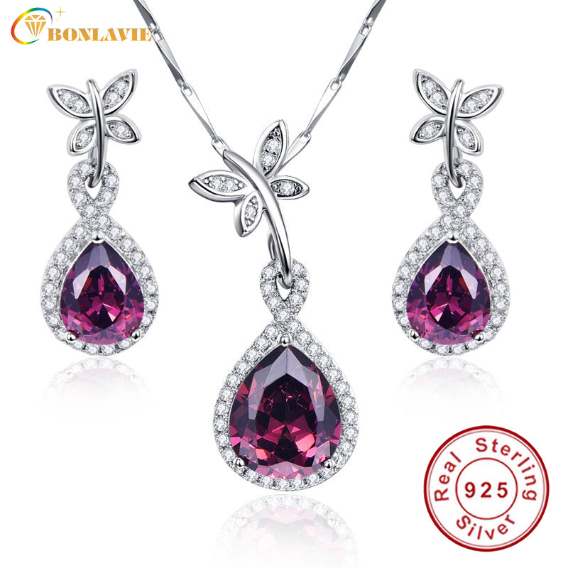 Water Drop 925 Sterling Silver Spessartine Garnet Jewelry Sets Earrings/Pendant/Necklace For Women With Free Gift Box