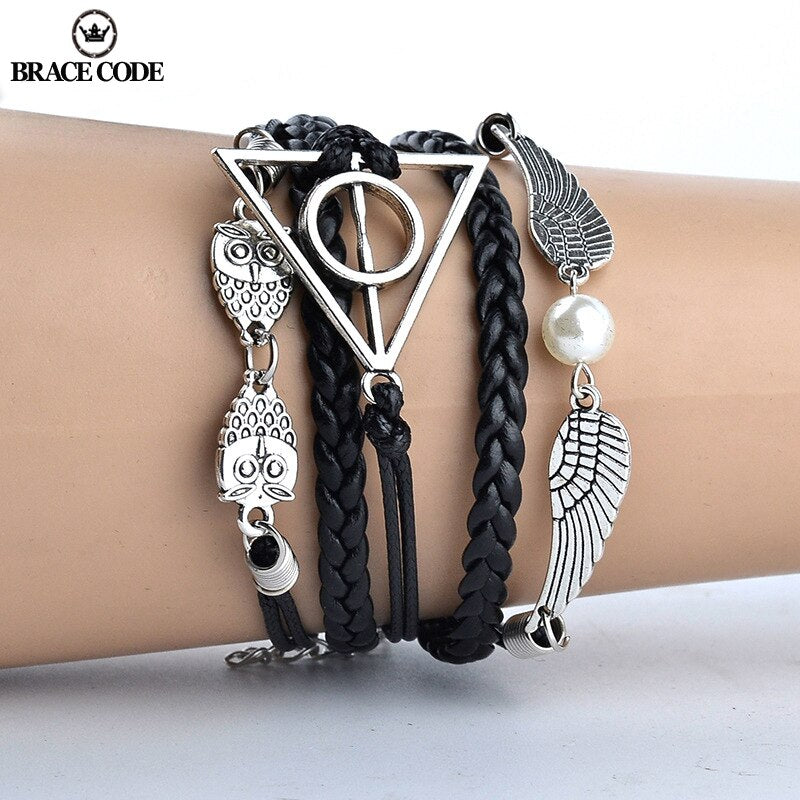 BRACE CODE Vintage Leather Rope Harri Pot Deathly Hallows Bracelets Hand Weave Multilayer Bracelets for Movie Fans Jewelry Gift