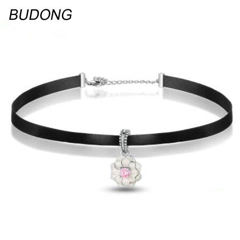 925 Sterling Silver Choker Necklace for Women Black Colar Silver Lotus Flower Pendant With Pink AAA Zircon Fine Jewelry