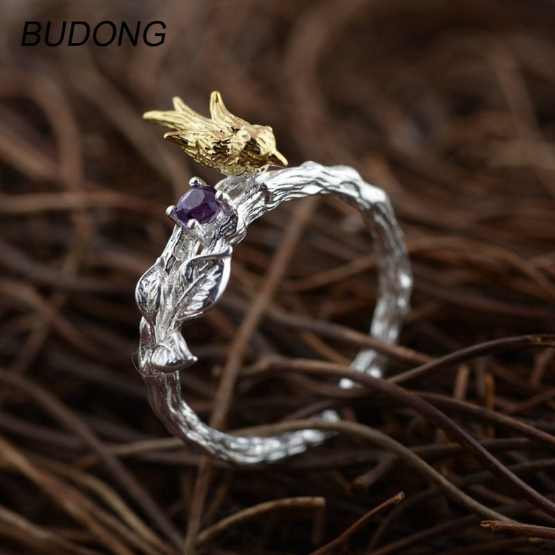 925 Sterling Silver Rings for Women Natural Purple Amethyst Stone Yellow Bird Animal Band Open Resizable Fine Jewelry