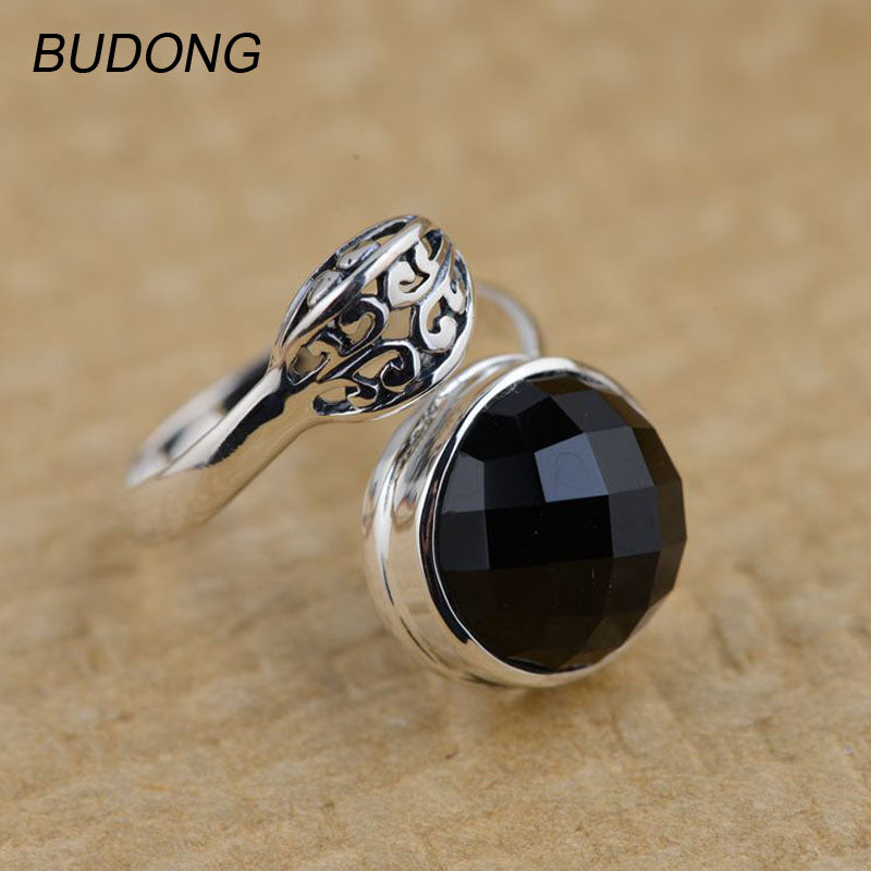 925 Sterling Silver Rings for Women Trendy Solitare Black Natural Agate Stone Band Open Resizable Engagement Fine Jewelry