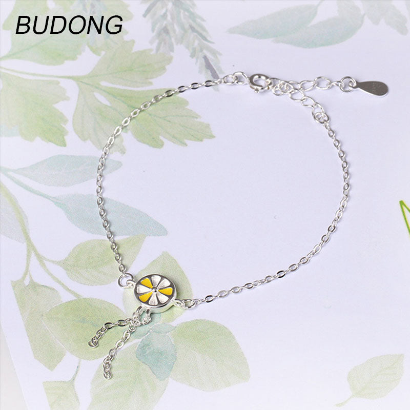 Genuine 925 Sterling Bracelet for Women Fashion Round Yellow Lemon Slice Tassel Link Chain Bracelets Fine Jewelry Gift