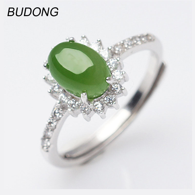 New Resizable Oval Natural Hetian Jasper Band Fine Jewelry for Women Flower Crystal Halo 925 Sterling Silver Wedding Ring