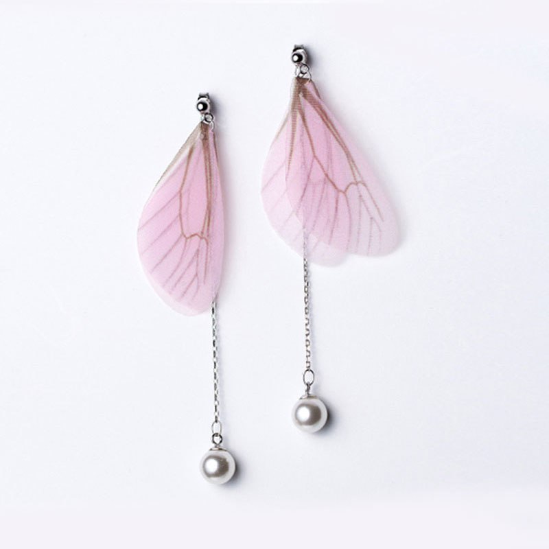 Pearl Dangle Earrings For Women With Blue And Pink Feather Decoration Cute Fantasy 925 Sterling Silver Fine Jewelry