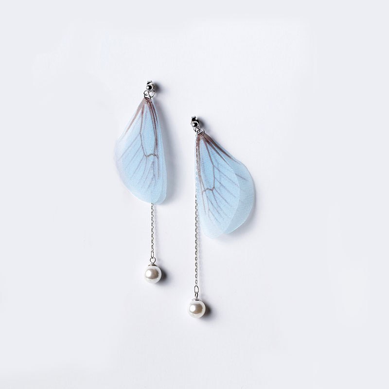 Pearl Dangle Earrings For Women With Blue And Pink Feather Decoration Cute Fantasy 925 Sterling Silver Fine Jewelry