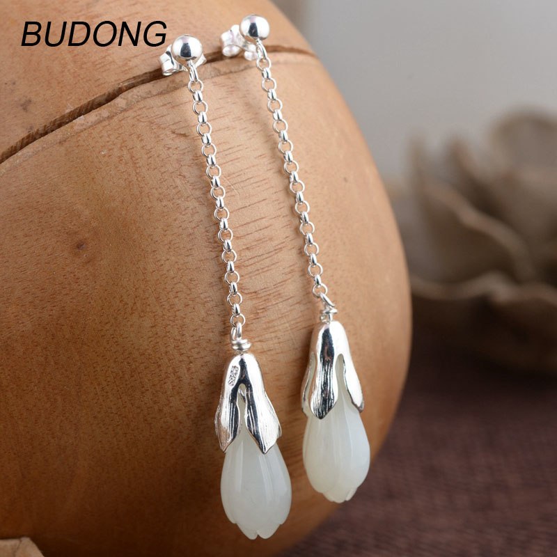 Real 925 Sterling Silver Dangle Earring for Women Natural Hetian Jasper Stone Long Tassel Drop Flower Party Fine Jewelry