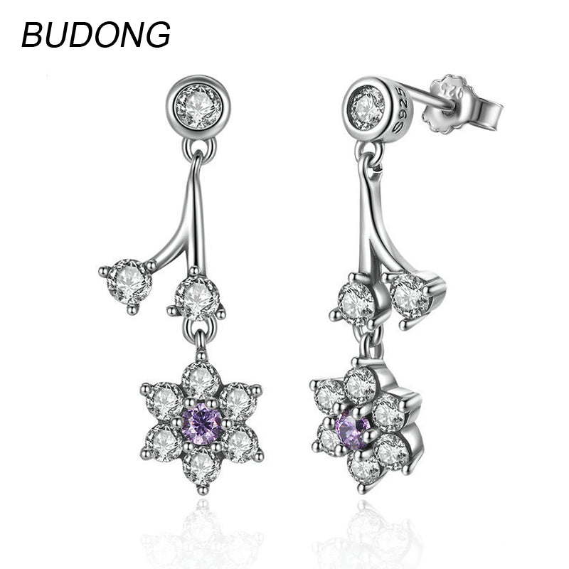 Real 925 Sterling Silver Drop Dangle Earring for Women Amethyst Purple Stone Flower S925 Silver Party Earing Fine Jewelry