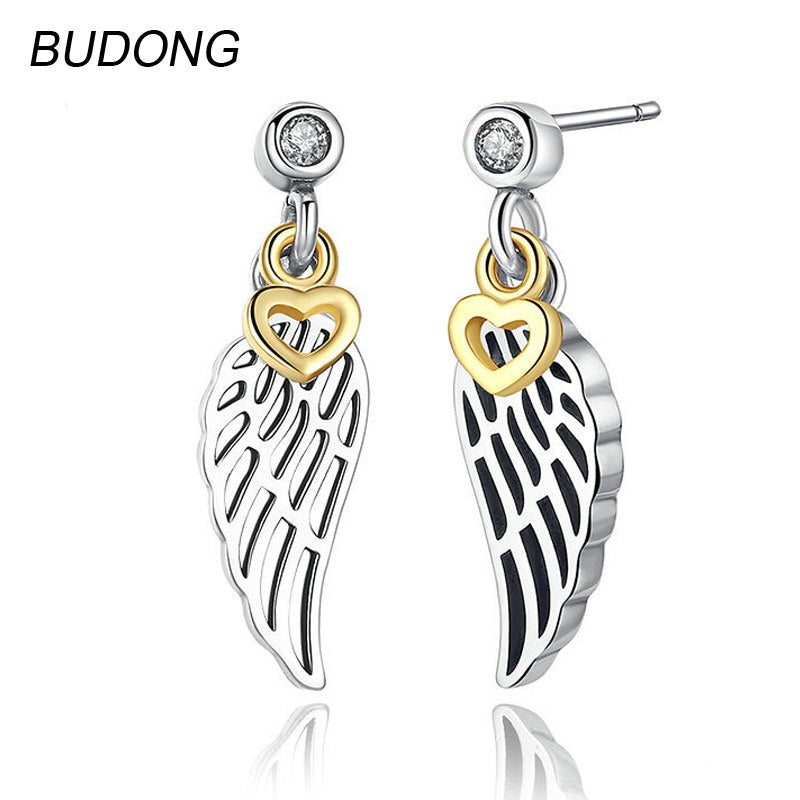 Real 925 Sterling Silver Drop Dangle Earring for Women Jewel Yellow Heart Hollow Wings S925 Silver Party Fine Jewelry