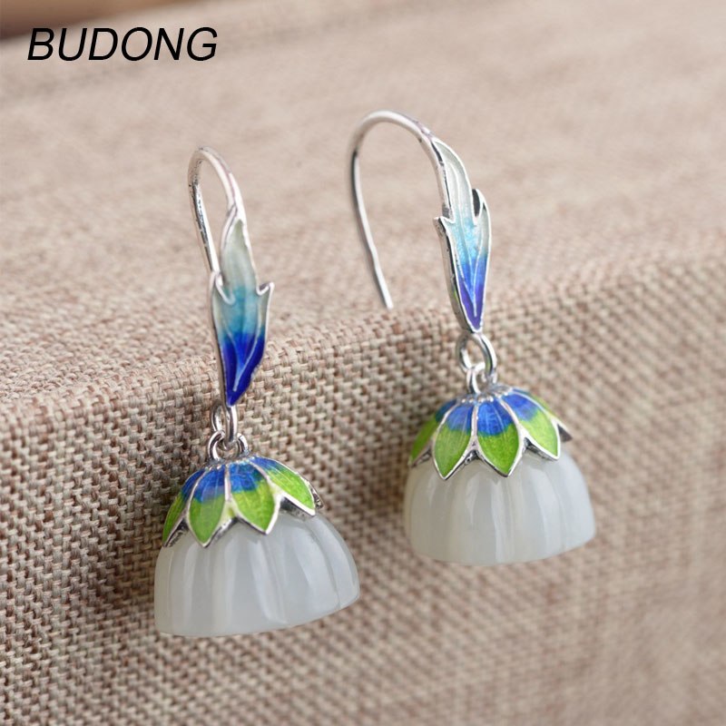 Real 925 Sterling Silver Drop Dangle Earring for Women Lotus Seedpod Cloisonn Process Hook Anniversary Fine Jewelry