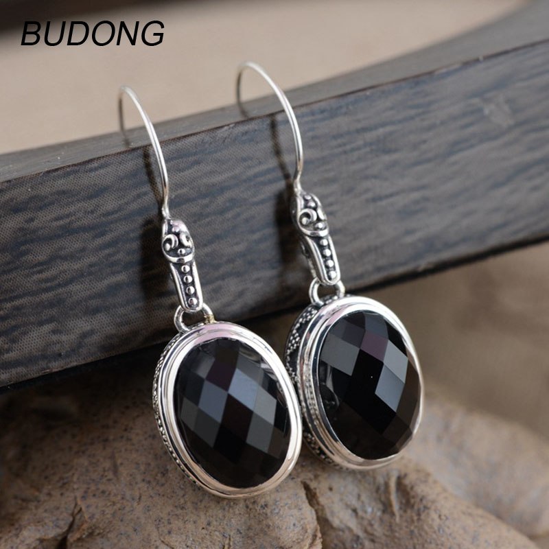 Real 925 Sterling Silver Drop Dangle Earring for Women Vintage S925 Silver Natural Black Agate Engagement Fine Jewelry