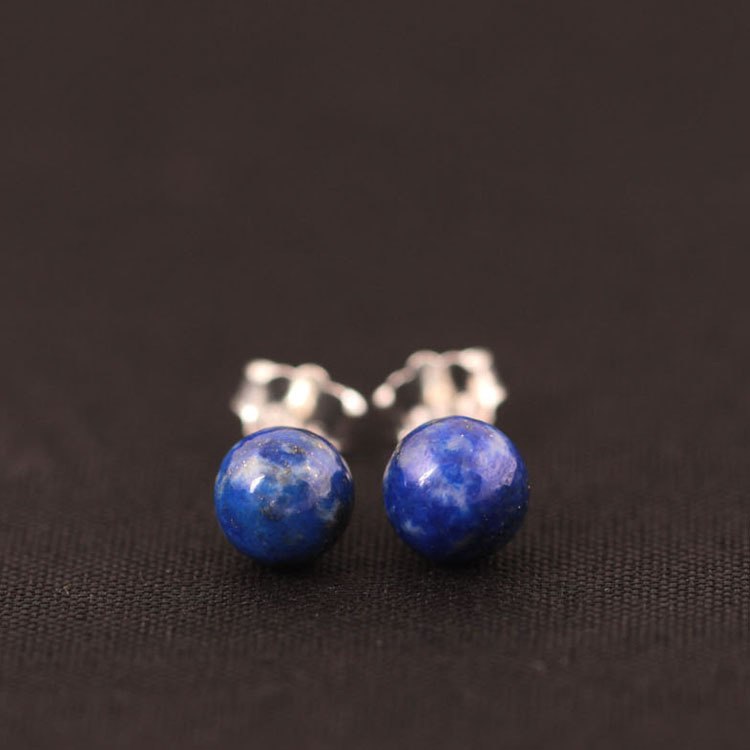 Real 925 Sterling Silver Earring for Women Fine Jewelry Round Ball Natural Blue Lapis Stone Stud Earring Girl Gift