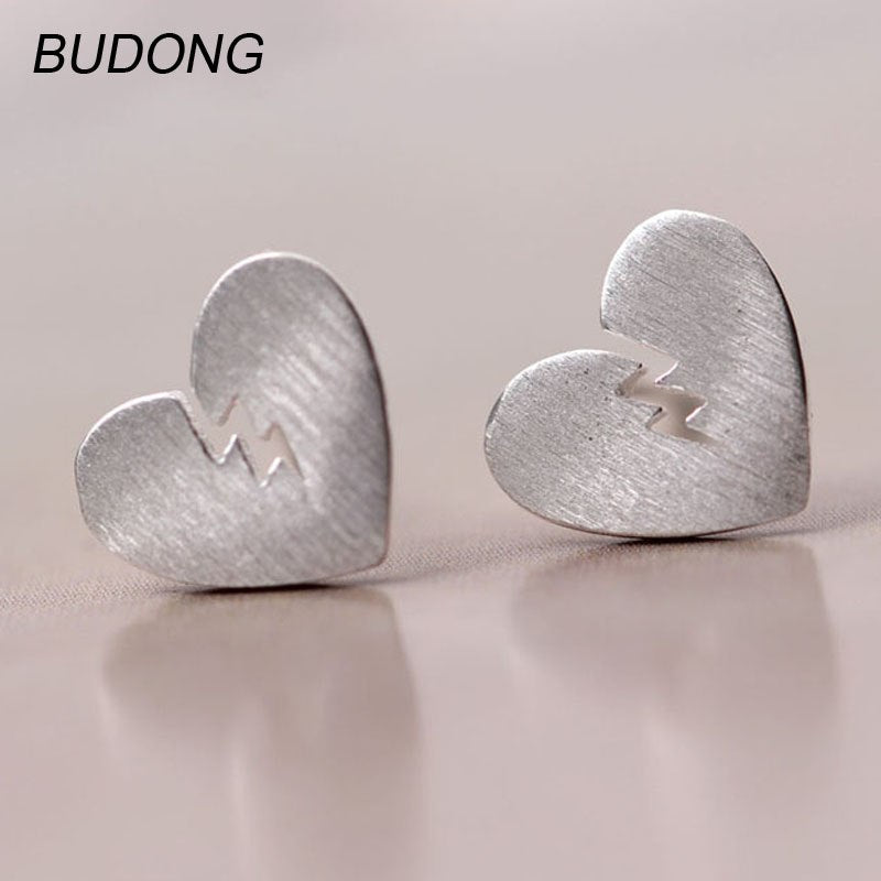 Real 925 Sterling Silver Earring for Women Fine Jewelry Small Creative Heart Heartbroken Design Silver 925 Stud Earring