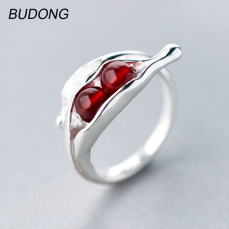 Real 925 Sterling Silver Ring for Women Fashion Ball Red Agate Stone Leaf Mid Ring Open Cuff Resizable Ring Fine Jewelry