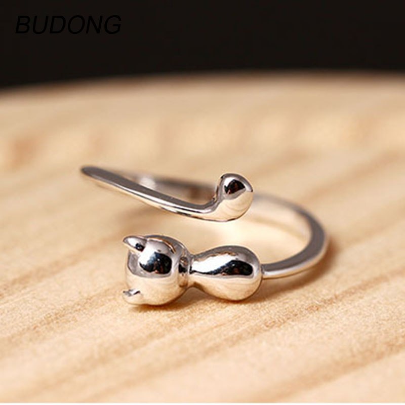 Real 925 Sterling Silver Rings for Women Simple Cute Cat Animal Band Resizable Cuff Ring Fine Jewelry Birthd Gift
