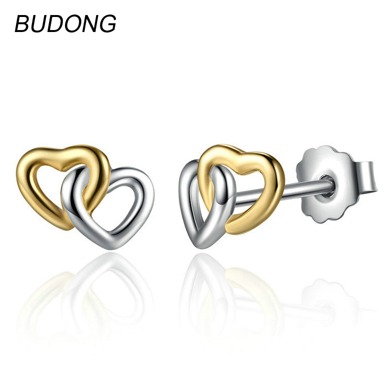 Real 925 Sterling Silver Stud Earring for Women Fine Jewelry Cute Huggies Hollow Double Heart Love Earrings Party Jewel