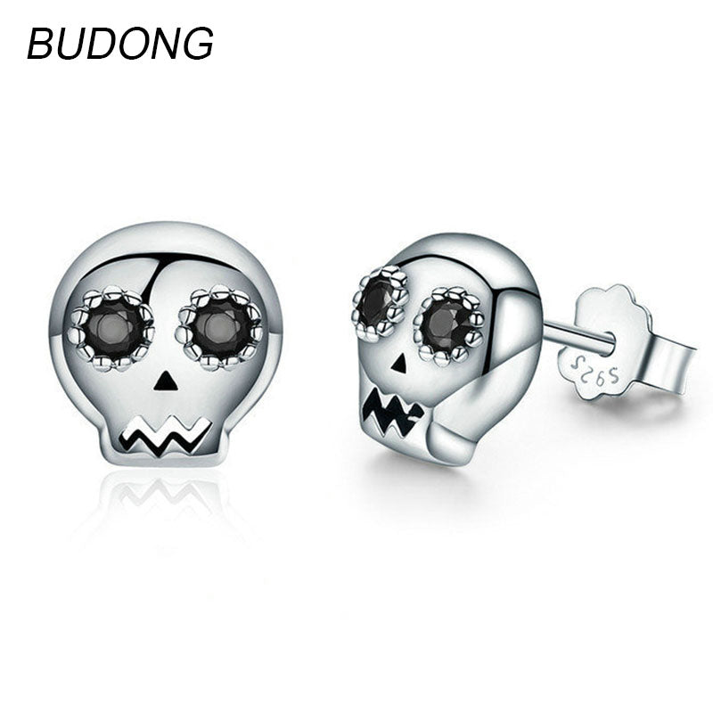 Real 925 Sterling Silver Stud Earring for Women Fine Jewelry Cute Skeleton Skull Head Design Silver Party Earing Jewel