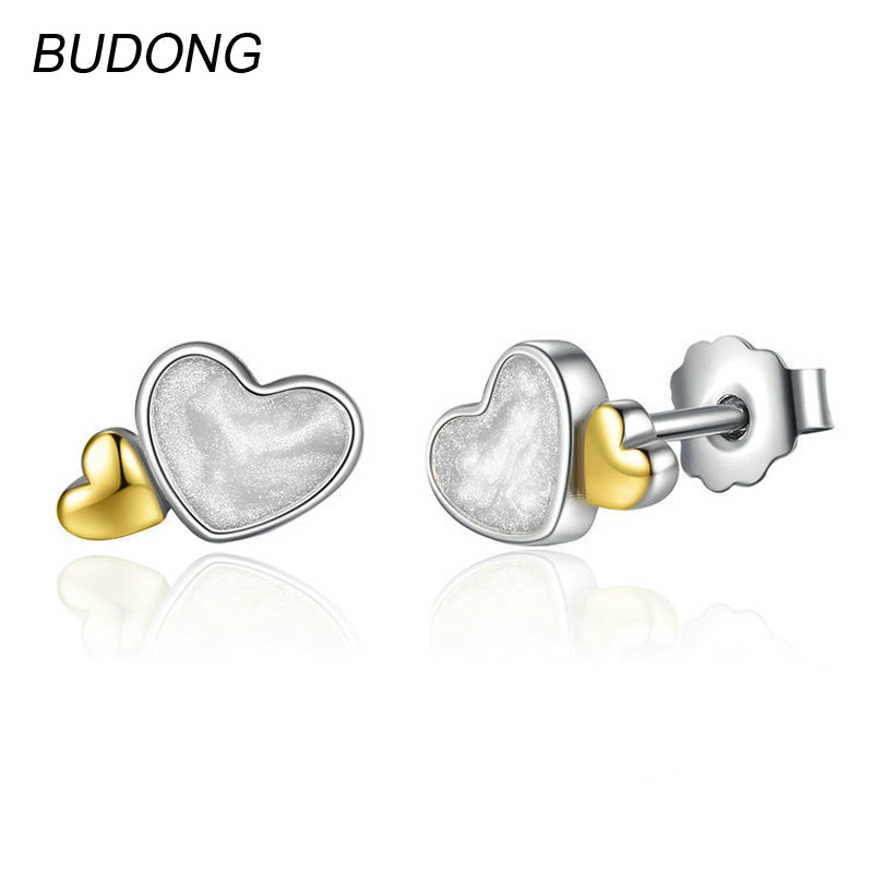 Real 925 Sterling Silver Stud Earring for Women Fine Jewelry Cute Small Huggies Double Heart Love Earrings Party Jewel