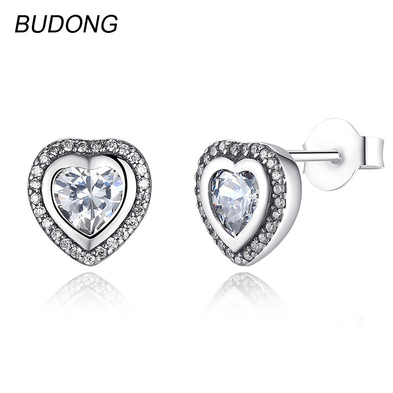 Real 925 Sterling Silver Stud Earring for Women Fine Jewelry Fashion Holo Heart Shape Stone Female Earrings Party Jewel