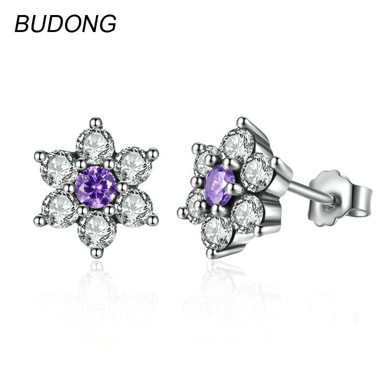Real 925 Sterling Silver Stud Earring for Women Fine Jewelry Fashion Round Amethyst Purple Flower Earrings Party Jewel