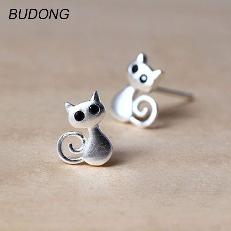 Real 925 Sterling Silver Stud Earring for Women Jewel Cute Cats Animal Small Ear Pierced Earings Fine Jewelry Gift