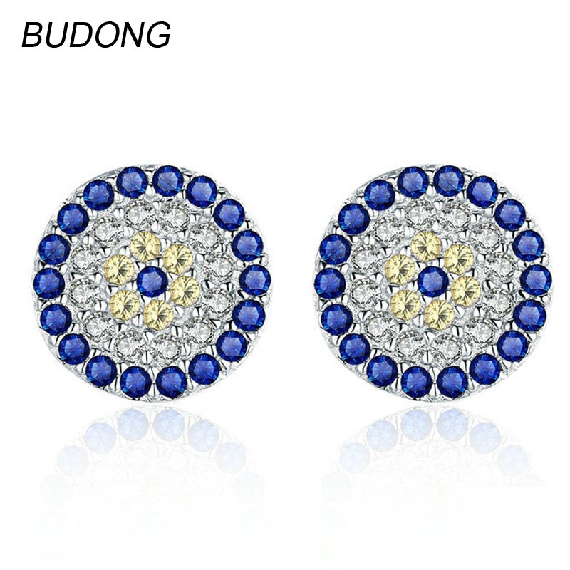 Real 925 Sterling Silver Stud Earring for Women Jewel Fashion Created Sapphire Blue Round Party Fine Jewelry Female Gift