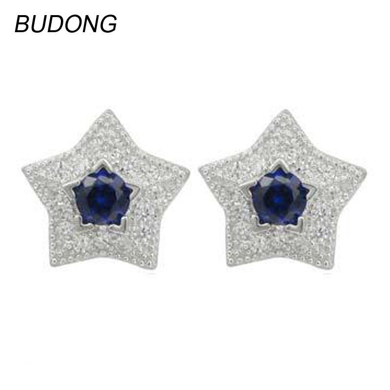 Real 925 Sterling Silver Stud Earring for Women Jewel Fashion Created Sapphire Blue Stone Star Shape Earring Fine Jewelry