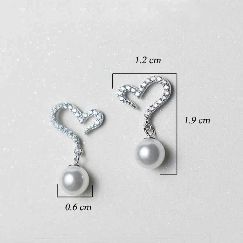 Silver Heart Drop Earrings For Women Pave Shiny AAA Zircon With White Pearls Classic Romantic Fine Jewelry