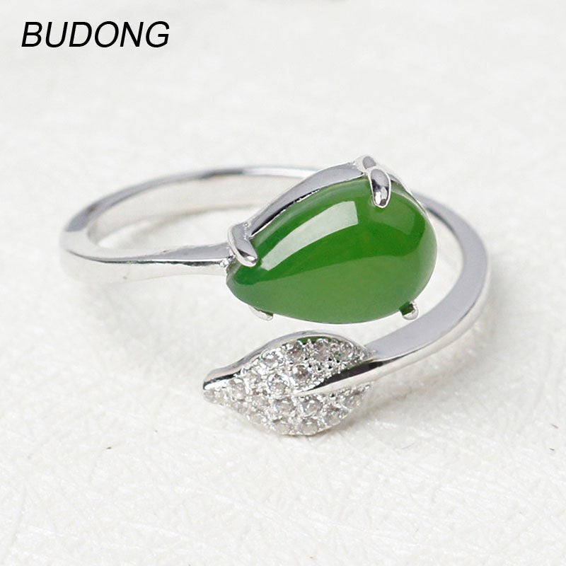 Teardrop Band Natural Nephrite Jasper Adjustable Ring Sizer Fine Jewelry Plant Leaf 925 Sterling Silver Rings for Women