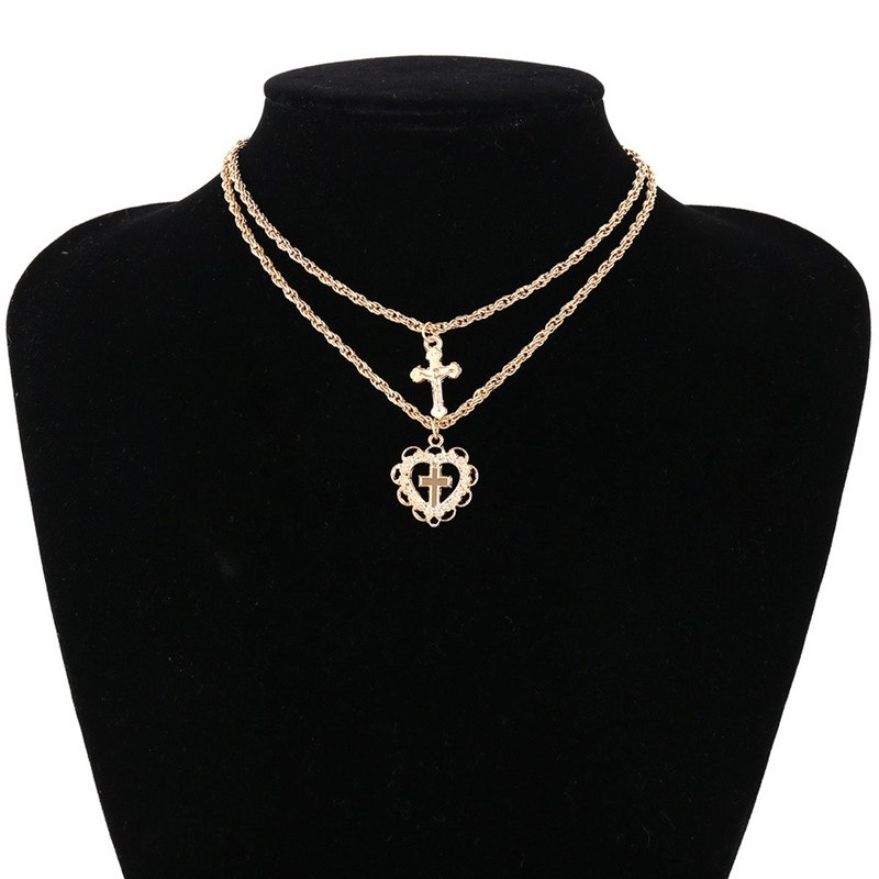 Minimalist Short Chain Necklace for Women Elegant 2 Layers Gold Color Religious Cross Carved Heart Pendant Necklace