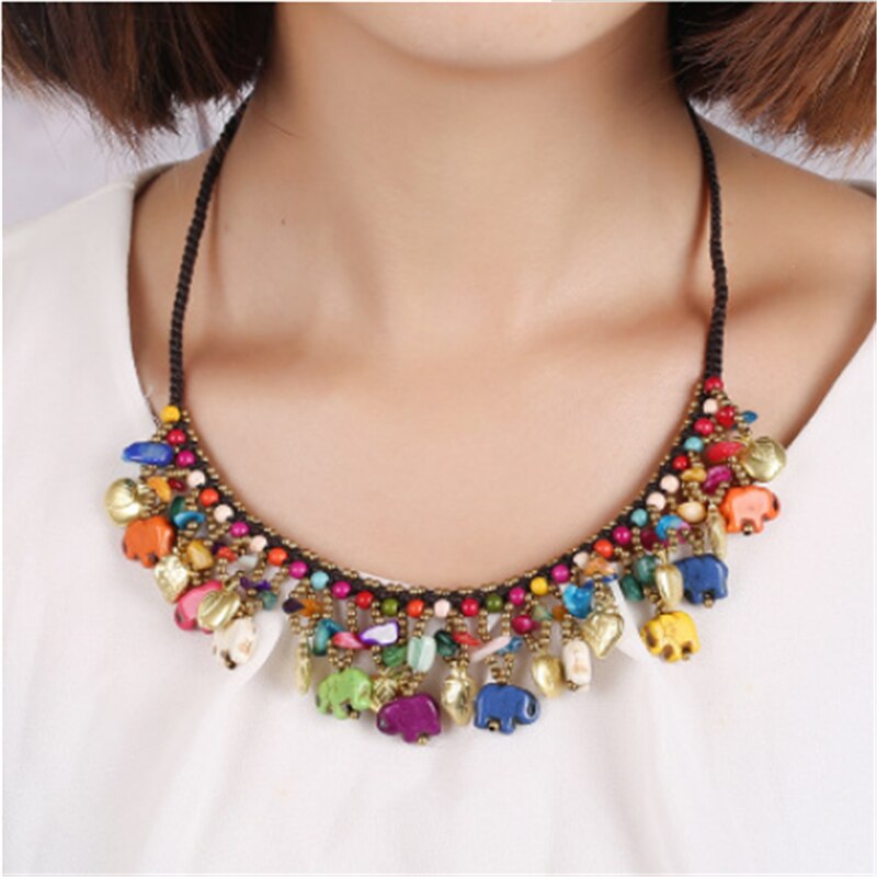 Baby Elephant Charms Nacklace Short Collar Colorful Irregular Beads Retro Natural Stone Beads Women Jewelry Gift Accessories