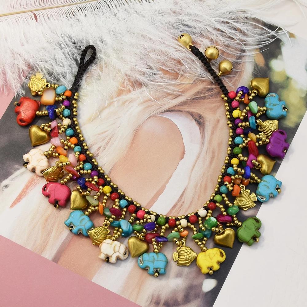 Baby Elephant Charms Nacklace Short Collar Colorful Irregular Beads Retro Natural Stone Beads Women Jewelry Gift Accessories