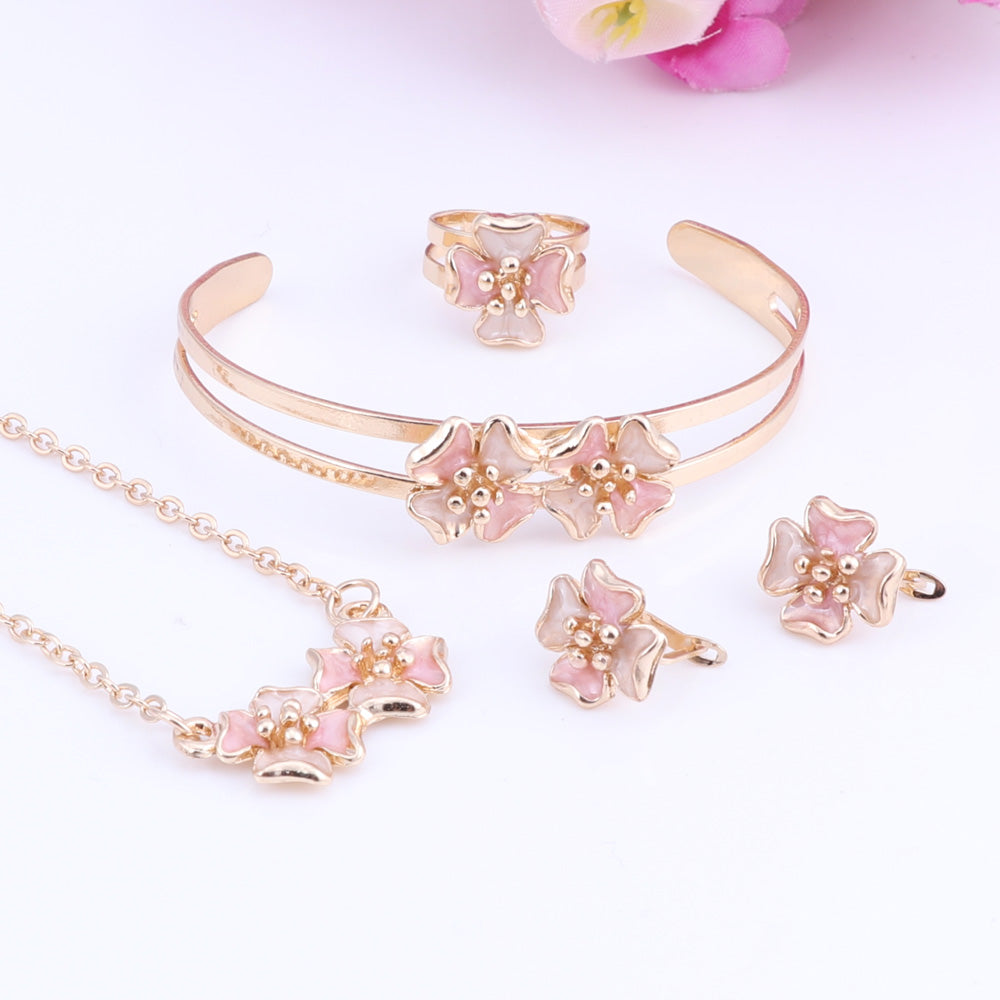 Baby Kids Children Girl Jewelry Sets Gold Color Cute Flower Pendant Necklace Bracelet Earrings Adjustable Ring